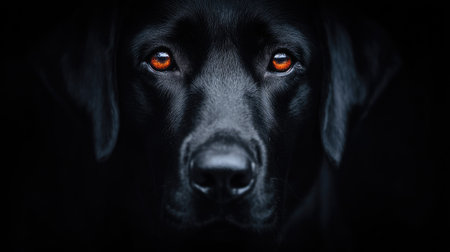Portrait of a black labrador retriever dog on black backgroundの素材