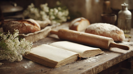 Bread and rolls on a wooden table in a rustic styleの素材