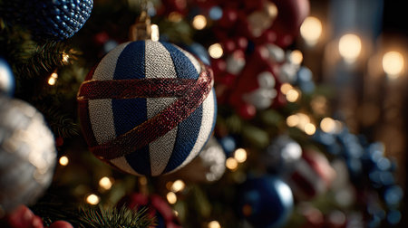 Closeup of a Christmas tree decorated with baubles and lightsの素材