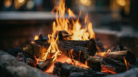 Burning firewood in the fireplace, close-up of firewoodの素材