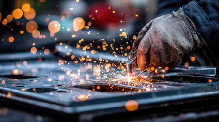 Welding of metal parts with sparks, close-up.の素材