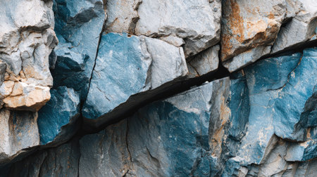 Close up of a stone wall with blue paint. Abstract background.の素材