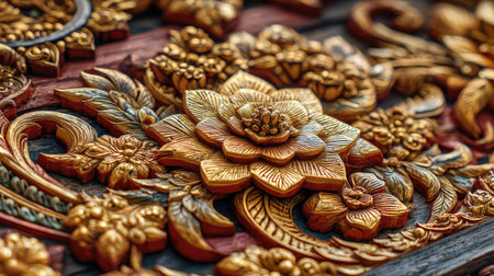 Wood carving in the Buddhist temple, closeup of a wooden carvingの素材