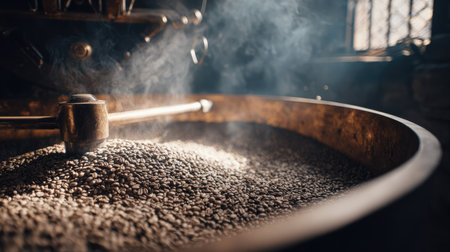 Roasted coffee beans in a roasting machine in a coffee millの素材