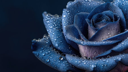 Beautiful blue rose with water drops on a dark blue background.の素材