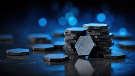 Stacks of wooden dominoes on dark blue bokeh backgroundの素材