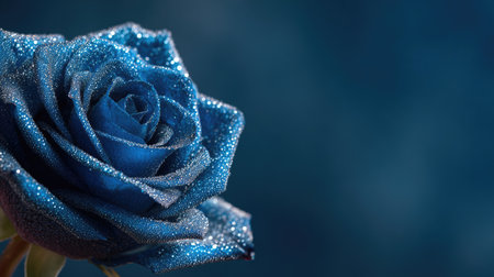 Blue rose with water drops on a dark blue background. Copy space.の素材