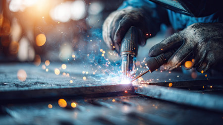 Metal welding with sparks close-up. Sparks while welder workingの素材