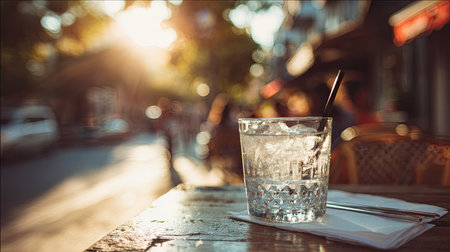 Glass of water on a wooden table in a cafe. Selective focus.の素材