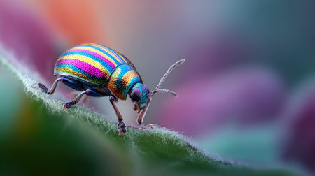 Colorful beetle on the green leaf in the garden. Macro shotの素材