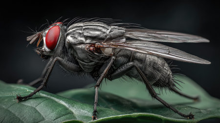 Closeup of a house fly on a green leaf in nature.の素材