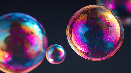 Colorful soap bubbles on a black background. 3D illustration.の素材