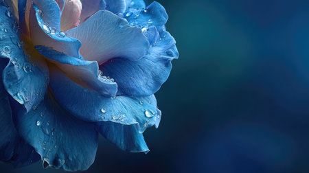 Beautiful blue rose with dew drops on a blue background.の素材