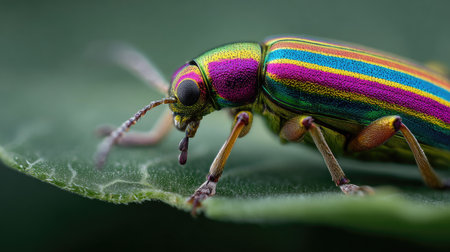 Close-up of a colorful beetle on a green leaf. Macroの素材