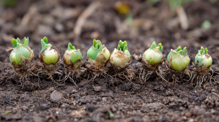 Sprouting onion bulbs in the ground. Gardening concept. Selective focusの素材