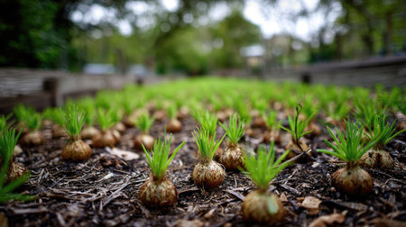 Sprouts of onion on the ground in the garden. Selective focus.の素材