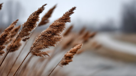 Dry reed on a background of the winter landscape. Shallow depth of fieldの素材