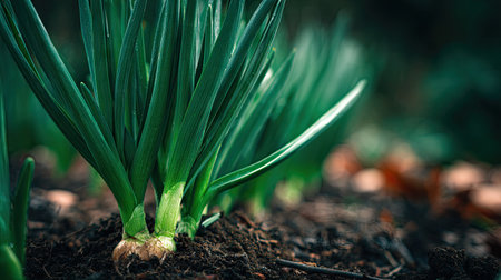 Close-up of fresh green onion growing in the garden. Springtime concept.の素材