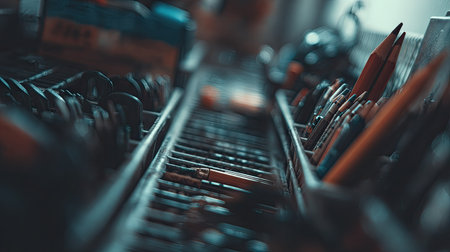 Close-up shot of a conveyor belt in a factory.の素材