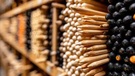 Wooden pencils on a shelf in a store. Close-upの素材