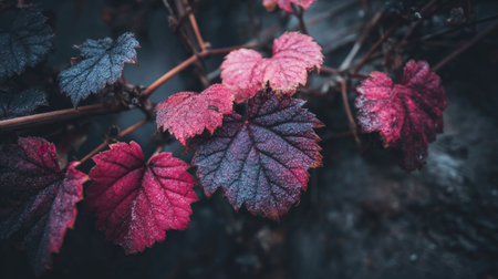 Autumn leaves with dew drops on the branches of grapes.の素材