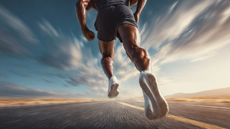 Runner athlete running on asphalt road. man fitness jogging workout wellness concept.の素材