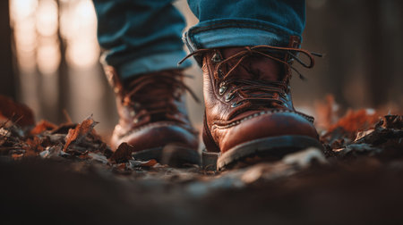 Hiking boots and jeans on the ground in the autumn forest.の素材