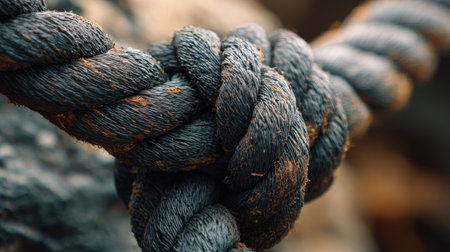 Close up of black rope tied to a knot. Rope tied to a knot.の素材