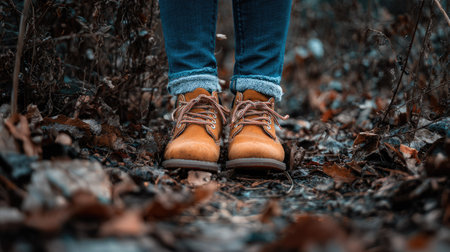 Close-up of woman's legs in jeans and boots walking in the autumn forestの素材