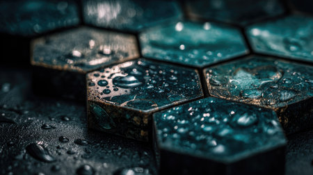 Close up of water drops on hexagonal tiles. Abstract background.の素材