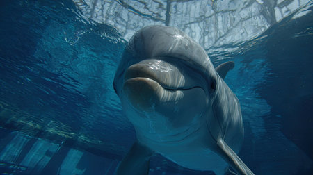 Dolphin swimming underwater in the ocean, close-up portrait.の素材