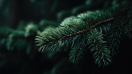 Fir tree branch with needles close-up on a dark backgroundの素材