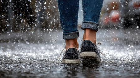 Feet of a young woman in jeans and sneakers in the rainの素材