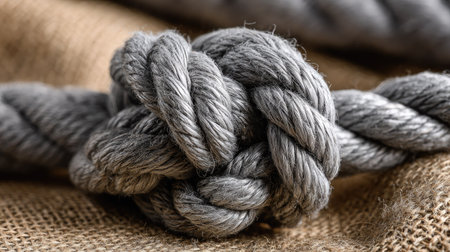 closeup of grey rope on sackcloth background, shallow depth of fieldの素材