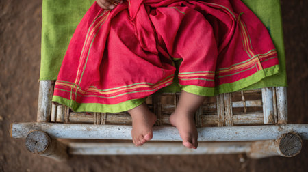 Close up of the feet of a little Indian girl sitting on a swingの素材