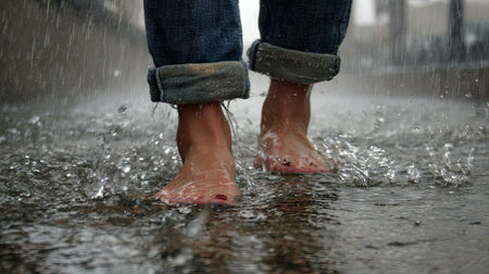 Close-up of a man's feet standing in a puddleの素材