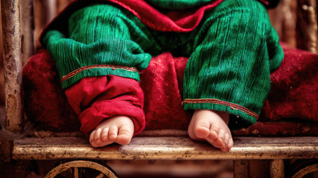Close up of feet of little baby boy in traditional clothes sitting on a wagonの素材