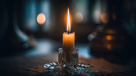 Burning candle in a glass candlestick on a dark backgroundの素材
