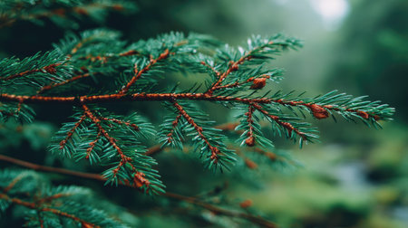 Spruce branch with cones and buds on a blurred background. Christmas tree.の素材