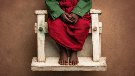 African little girl sitting on a wooden chair. Girl in a red dress.の素材