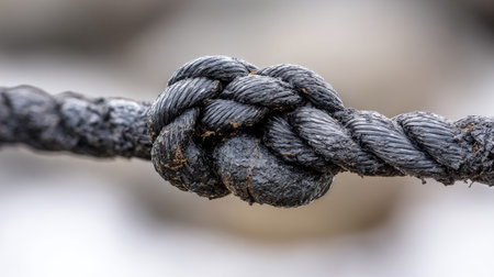 Close up of a black rope tied to a knot on a pierの素材