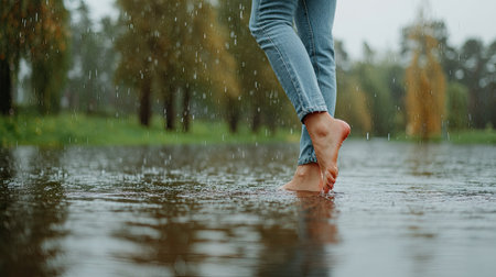 Close-up of female legs in jeans and barefoot walking in puddle on rainy dayの素材
