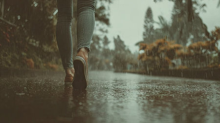 Woman walking in the rain. Close up of female legs walking in the rain.の素材