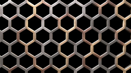 Metal grid with honeycombs on black background. 3d illustrationの素材