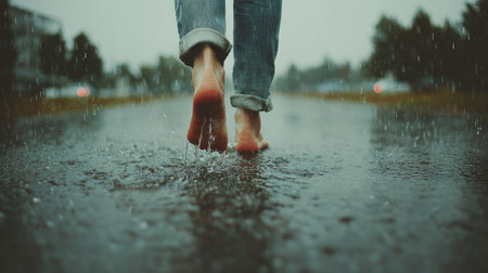 Wet feet of a young woman walking in the rain. Rainy dayの素材