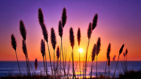 Silhouette of grass flower on sunset sky and sea background.の素材