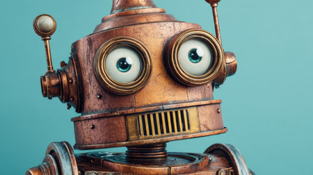 Vintage robot toy on a blue background, close-up.の素材