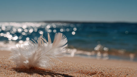 White feather on the beach. Selective focus. Shallow depth of fieldの素材