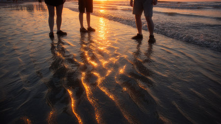Silhouette of young people walking on the beach at sunset.の素材