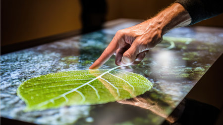 Close-up of a man's hand touching a leaf on a touch screen tabletの素材